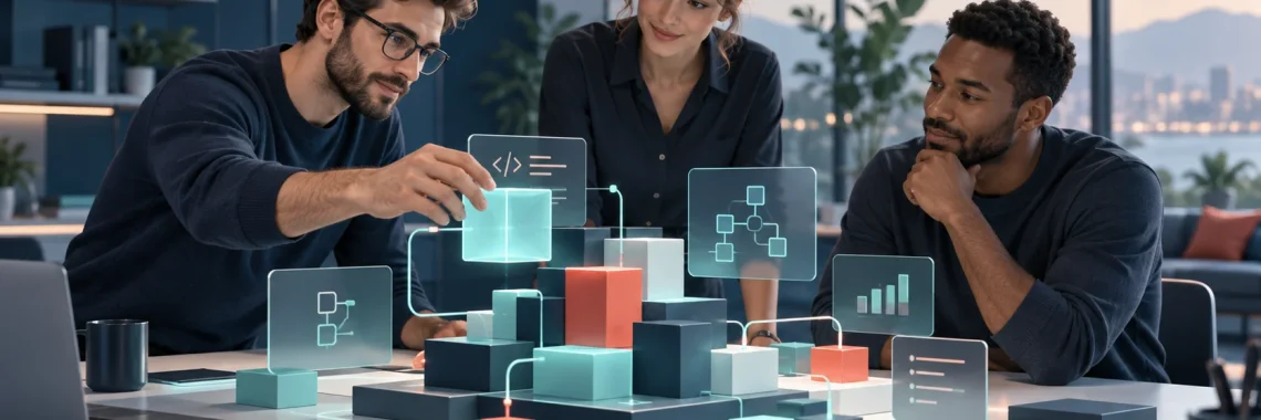 Illustration d’une équipe collaborant à l’évolution d’un logiciel.